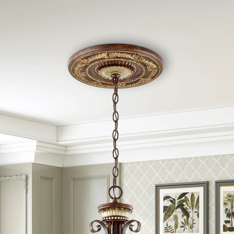 Verona Bronze Ceiling Medallion with Aged Gold Leaf Accents, 12 Inch Diameter, 1.25 Inch Thick, installed with chandelier