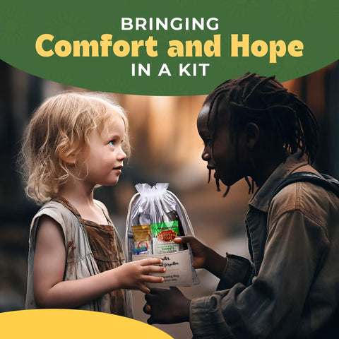 Two children exchanging a clear blessing bag filled with hygiene essentials, labeled 'Bringing Comfort and Hope in a Kit'.