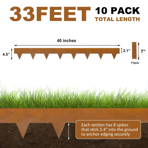 Diagram of Beefy Pre Rusted Cor Ten Steel Landscape Edging For Four And A Half Inch Border With 8 spikes and measurements