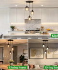 Slick Farmhouse Three Light Pendant With Adjustable Drop Cords Matte Black Hanging Ceiling Lamp in kitchen, dining, and living rooms.