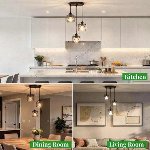 Slick Farmhouse Three Light Pendant With Adjustable Drop Cords Matte Black Hanging Ceiling Lamp in kitchen, dining, and living rooms.