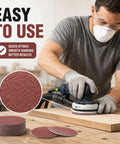 Rock Your DIY Game With These 200 Pcs Of Premium 2 Inch Aluminum Oxide Sanding Discs featuring a man using a sander on wood.