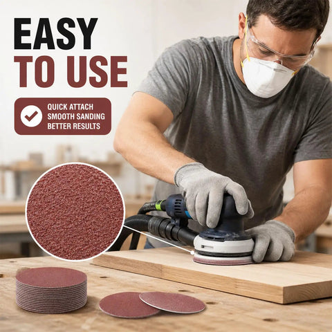Rock Your DIY Game With These 200 Pcs Of Premium 2 Inch Aluminum Oxide Sanding Discs featuring a man using a sander on wood.