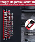 Magnetic Socket Rail Organizer For 3/8-Inch Drive Set Aluminum Alloy Socket Holder With 10 Red Clips mounted on wall