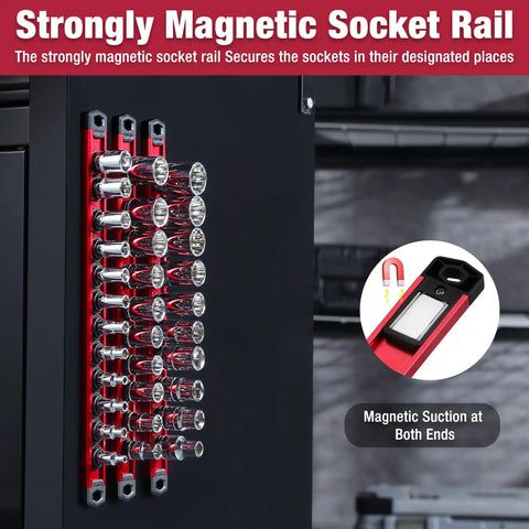 Magnetic Socket Rail Organizer For 3/8-Inch Drive Set Aluminum Alloy Socket Holder With 10 Red Clips mounted on wall