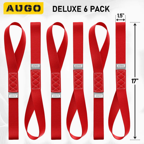 Heavy Duty Soft Loop Anchors Pack Of 6 For Tie Down Straps And Ratchet Hooks 1.5 Inch By 17 Inch, shown in bright red