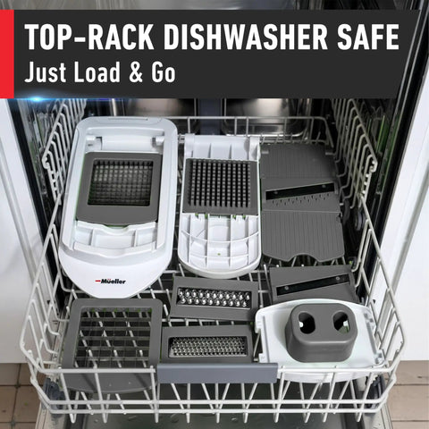 Real Original Pro 10 in 1 Vegetable Chopper and Mandoline Slicer with 8 blades shown in dishwasher top rack