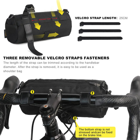 Bike Handlebar Bag Front Bag Frame Storage Roll Bag for Mountain and Road Bikes Commuters with Velcro Straps on Handlebars.