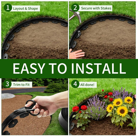 Step-by-step installation of No Dig Garden Edging Kit With 100 Ft Of Flexible Tool Free Lawn Border Coil In Black Includes 100 Spikes