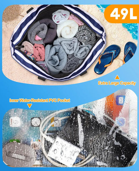 Massive 49L Beach Cooler Tote With Insulated Compartment showing 49L capacity and water-resistant PVC pocket details.