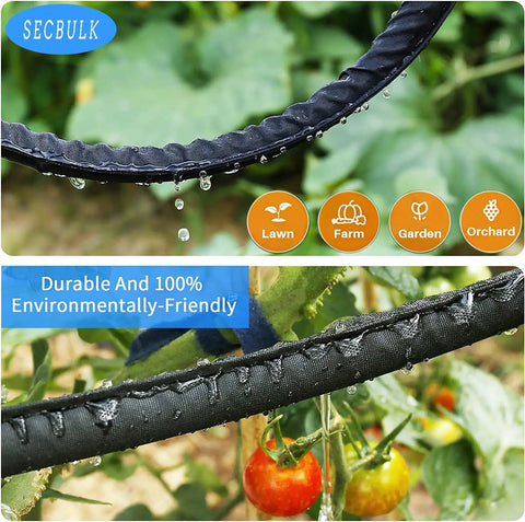 Flat Soaker Hose Kit 100 Ft for Garden Linkable Drip Hose for DIY Irrigation System with Holes in Use
