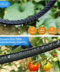 Flat Soaker Hose Kit With Stakes For Garden, 100 Ft Total Or 2x50 Ft Linkable Drip Hose DIY Irrigation System with perforated holes in garden setting