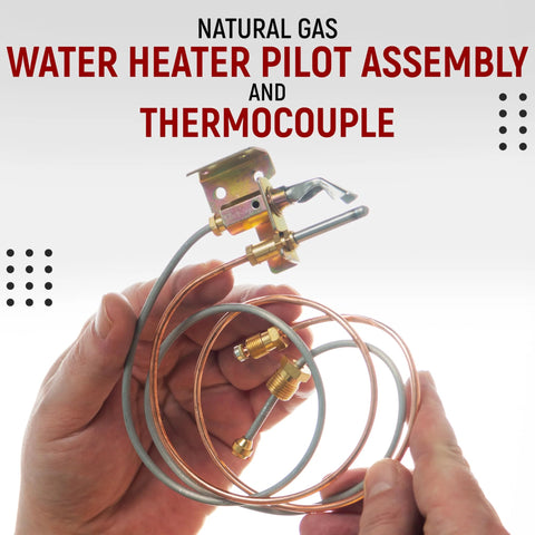 Water heater pilot assembly with thermocouple and copper tubing with brass fittings held in hands