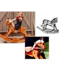 Child riding a Merrilegs Rocking Horse with two detailed images of designs, showcasing the Merrilegs Rocking Horse Diy Woodworking Paper Plan Full Size Traceable Patterns For A Darn Sweet Shop Built Heirloom Toy No Sweat Carving Uses Standard Gear Materials Not Included.