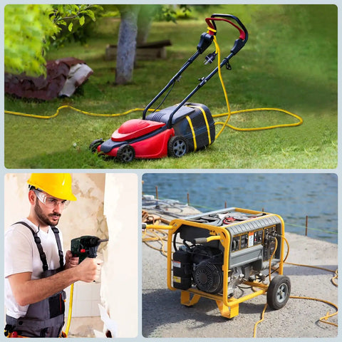 Heavy Duty Outdoor Extension Cord 200 Feet 12 Gauge 3 Prong Grounded Power Cable powering lawnmower, drill, and generator outdoors