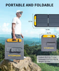 Man holding folded On The Go Portable Power Station 600W With 110W Solar Panel LiFePO4 Battery Solar Generator, dimensions shown