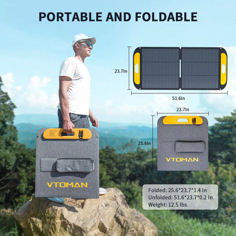 Man holding folded On The Go Portable Power Station 600W With 110W Solar Panel LiFePO4 Battery Solar Generator, dimensions shown
