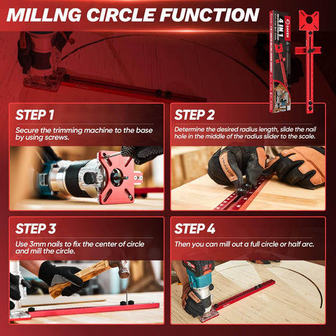 Steps for using Pro Grade 4 In 1 Router Milling Groove Bracket for woodworking, highlighting auto center punch and easy positioning.