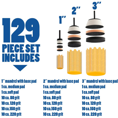 Peachtree Gold Bowl Sanding Mandrel Kit For Curved And Flat Surfaces With Round Sanding Discs 129 Piece Woodworking Tool Set including mandrels and pads