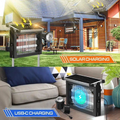 Outdoor Bug Zapper With Projector Lights For Patio And Garden 4500V Waterproof Mosquito Killer Dual Solar And USB Rechargeable