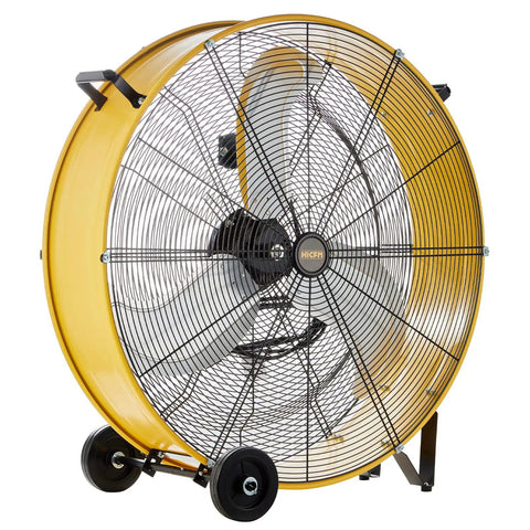 Heavy Duty High Velocity Barrel Floor Drum Fan With One Third HP Motor 13000 CFM 9 Foot Cord Five Inch Solid Wheels Built For Workshops Garages And Industrial Spaces UL Safety Listed The Ultimate Workshop Workhorse