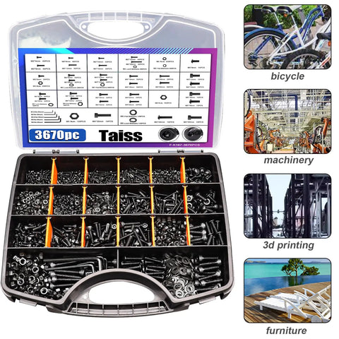 Kick Ass 3670 Pieces Metric Bolt Assortment Kit Featuring Tough As Nails Grade 12.9 Steel Socket Head Screws in a portable toolbox.