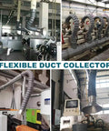 Flexible duct collector setup for efficient fume extraction in a workshop, showcasing articulated hoses and steel components.
