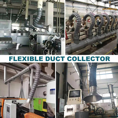 Flexible duct collector setup for efficient fume extraction in a workshop, showcasing articulated hoses and steel components.