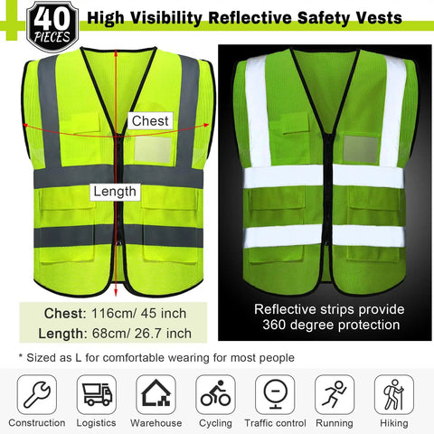 Built Different Bulk 40 Pack Bright Neon Yellow High Visibility Safety Vests With Reflective Silver Strips And Zippered Mesh Pockets For Active Crews Daily Work, showing details of size and reflective features.