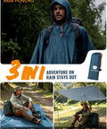 Hooded Rain Poncho For Adults Waterproof Lightweight Rain Jacket For Men And Women Reusable Emergency Camping Gear Sea Blue One Size With Sealed Seams And TPU Coating in use outdoors.