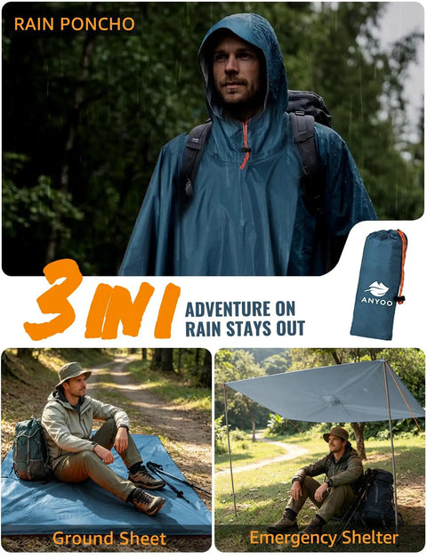 Hooded Rain Poncho For Adults Waterproof Lightweight Rain Jacket For Men And Women Reusable Emergency Camping Gear Sea Blue One Size With Sealed Seams And TPU Coating in use outdoors.