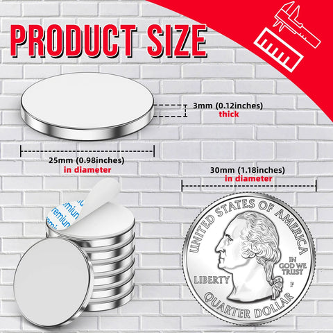 Front view of four silver neodymium disc magnets with adhesive backing