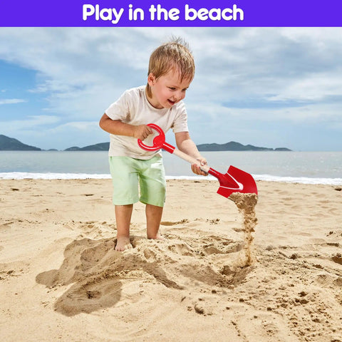 Child playing with Three Piece Metal Beach Shovel Set For Kids, 16 Inch Sand Shovels with Wooden Handles at the beach