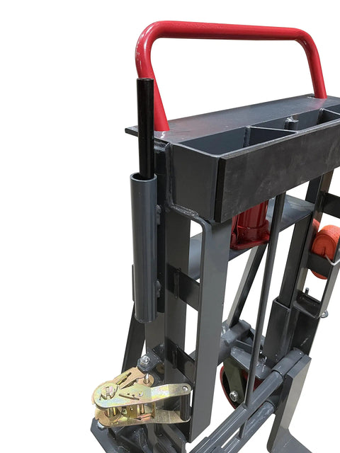 Beefy 9900 Lb Capacity Hydraulic Machinery Mover with red handle, steel frame, and adjustable components.
