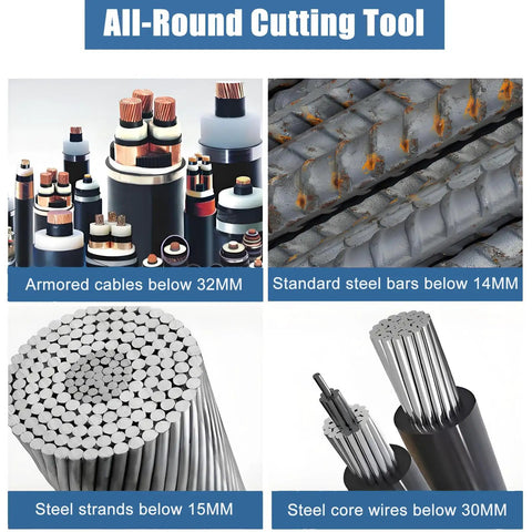 Beast Cordless Electric Cable Cutter cuts armored cables, steel bars, strands, core wires shown in different capacities.