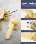 2 Pack Satin Brass Privacy Door Levers With Square Knobs Bed Bath Lockset Gold Finish Universal Handing Keyless Privacy Lever For Interior Doors Emergency Outside Release No Key Needed Ideal For Bedrooms And Bathrooms displayed on a textured surface.