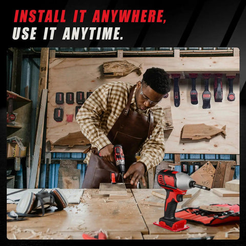 Man using tools with Heavy Duty Wall Mount Tool And Battery Organizer Kit For Milwaukee M18 18V in background, installed in workshop.