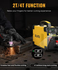55Amp Dual Voltage Plasma Cutter With HF Non-Touch Pilot Arc in use with 110V/220V LED display on a metal sheet demonstrating 2T/4T modes.
