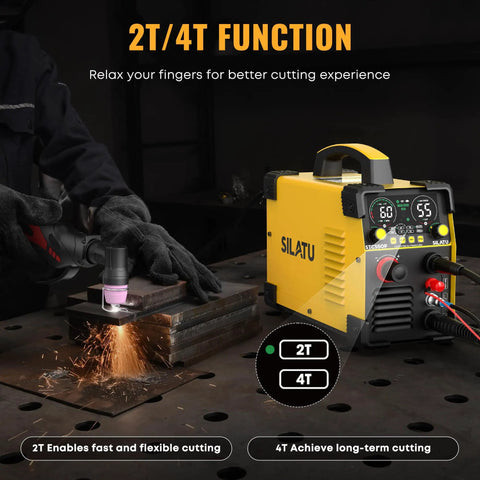 55Amp Dual Voltage Plasma Cutter With HF Non-Touch Pilot Arc in use with 110V/220V LED display on a metal sheet demonstrating 2T/4T modes.