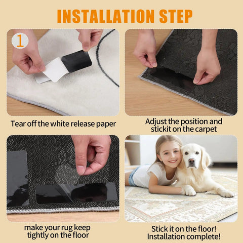 Steps to apply 16 Pack Rug Tape Double Sided Carpet Tape Pads grippers on a rug, ensuring no sliding on hardwood floors.