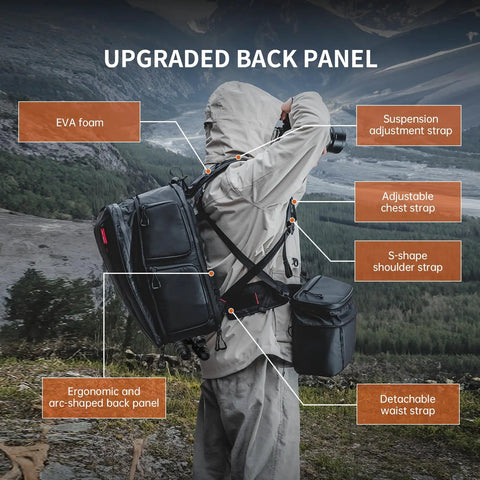 Person wearing OneMo 2 35L To 45L Camera Backpack With Expandable Storage For 17 Inch Laptop Waterproof DSLR Gear Carrier outdoors