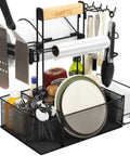 Grill Caddy For Outdoor Grill And BBQ Magnetic Tool Holder with utensil storage and paper towel arm, holds plates and condiments
