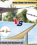Comparison of sun shade installation with and without using the Shade Sail Hardware Kit 304 Stainless Steel All In One Installation Set