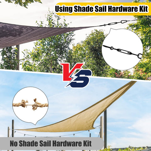 Comparison of sun shade installation with and without using the Shade Sail Hardware Kit 304 Stainless Steel All In One Installation Set