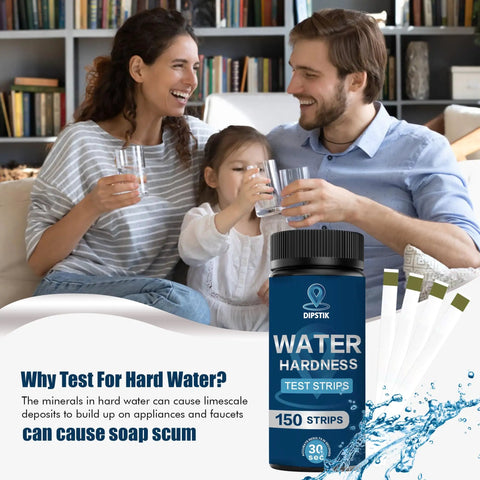 Family using hard water test strips kit with easy color chart, 150 strips for quick reading 0-425 PPM and 0-25 GPG.