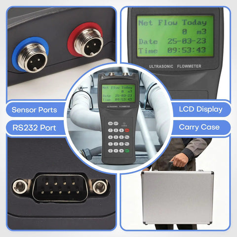 Portable Ultrasonic Clamp On Flow Meter Kit For Liquid Measurement With 3 Transducer Sets Small Medium Large DN15 To DN6000 Pipe Range RS232 Data Logging Non Invasive Water Flow Meter On The Go, LCD and ports