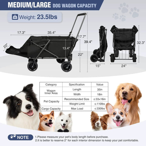 Beefy Heavy Duty Folding Dog Wagon Cart With Extendable Rear, 220L Large Collapsible Utility Cart dimensions and pet weight limits
