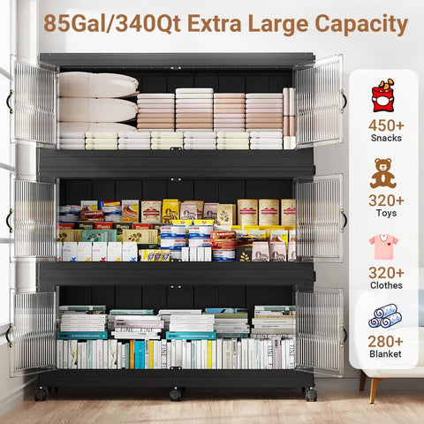 Heavy Duty Stackable Storage Bins With Lids 3 Pack Black, Massive 340 Quart Plastic Boxes For Home Dorm Room Organization Game Changer Straight Up Winner