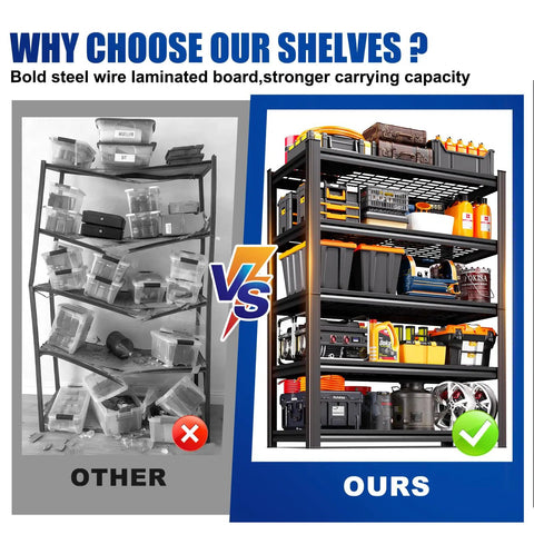Comparison of unstable shelving unit versus Beefy 5 Tier Garage Shelving Unit with Tool Free Adjustable Metal Shelves Holds 600 Lbs