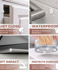 Clear Self Adhesive Cabinet Door Bumpers 128 Pack Heavy Duty Rubber Pads on surfaces demonstrating quiet close and waterproof features.
